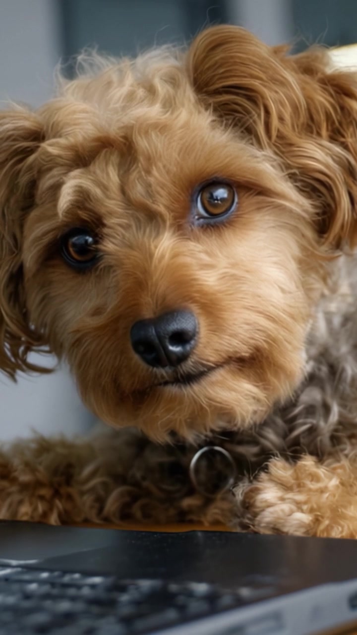 Adorabile cane che guarda la fotocamera con espressione curiosa mentre riposa su una scrivania, evidenziando la sua natura giocosa e la bella pelliccia in un ambiente domestico accogliente.
