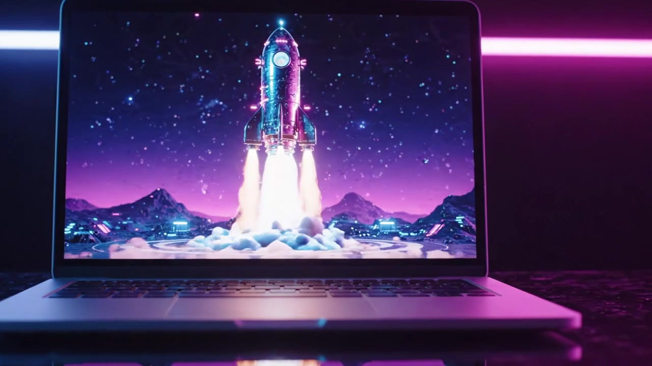 A Futuristic Rocket Launch on a Laptop Screen Captured at Night, Showcasing a Vibrant Galactic Background with Stunning Purple and Blue Neon Lights
