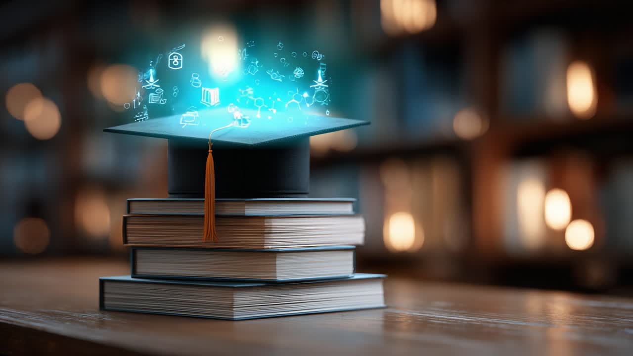 A Graduation Cap Resting on a Stack of Books, Surrounded by Digital Learning Icons, Symbolizing Knowledge and Academic Achievement in a Cozy Library Setting