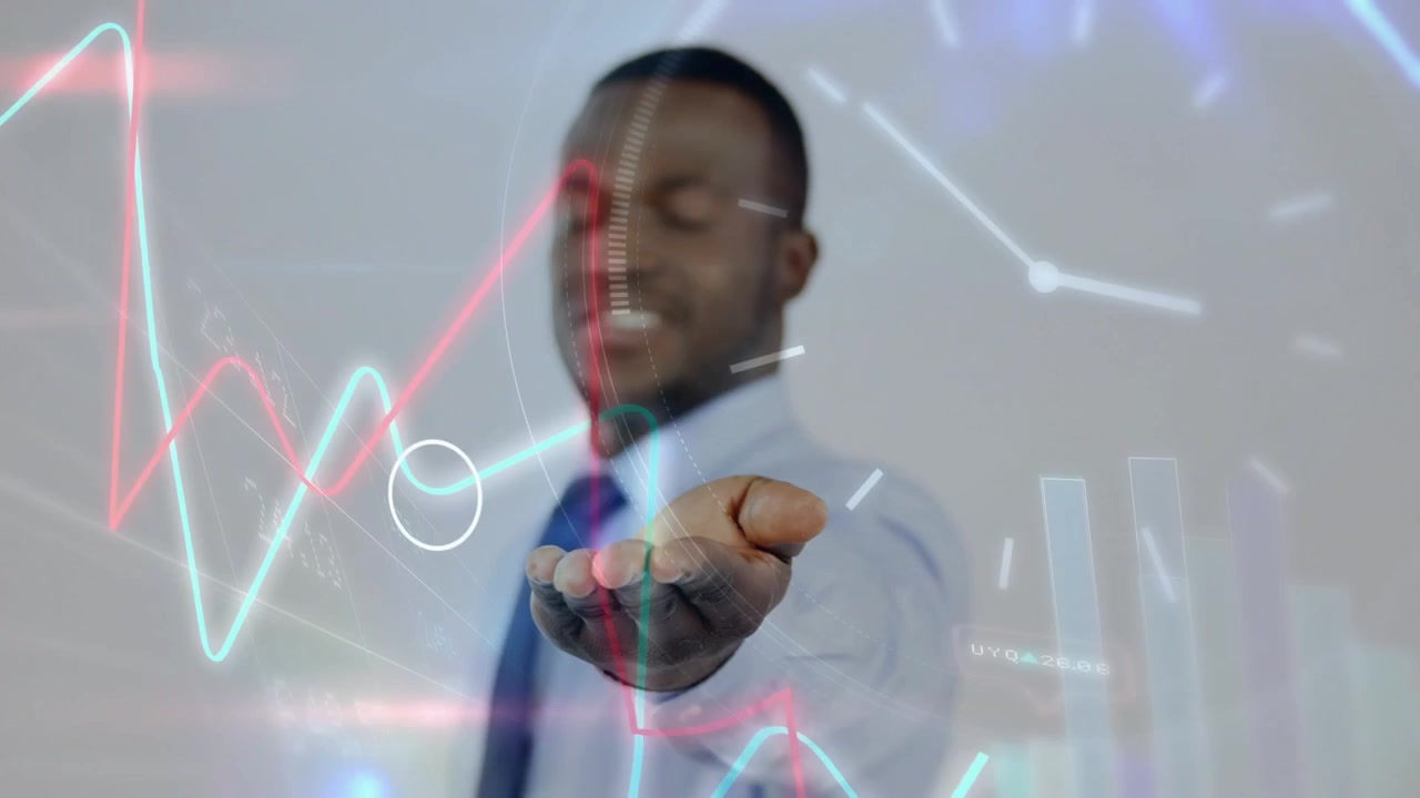 Man holding palm forward with finance charts appearing around palm and showing data for creators