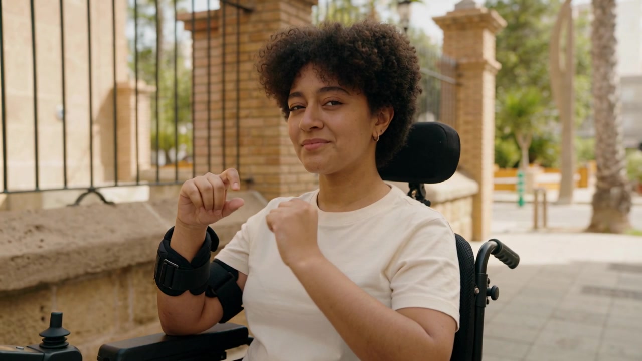 Making finger gestures, woman in light tee reacting to camera on path, with wheelchair and brace