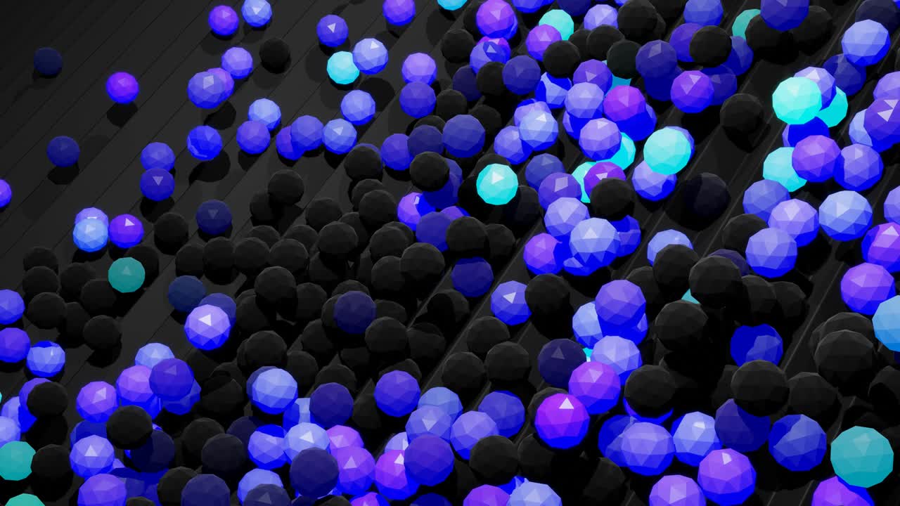 4k abstract looped background with spheres like bulbs or abstract garland. Balls or spheres lie on steps. Waves of blue purple color and light roll over balls on the steps forming a beautiful pattern.