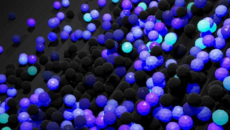 4k abstract looped background with spheres like bulbs or abstract garland. balls or spheres lie on steps. waves of blue purple color and light roll over balls on the steps forming a beautiful pattern.
