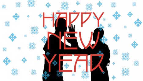 Animation-of-happy-new-year-text-in-red-over-blue-snowflakes-and-two-silhouetted-men-high-fiving