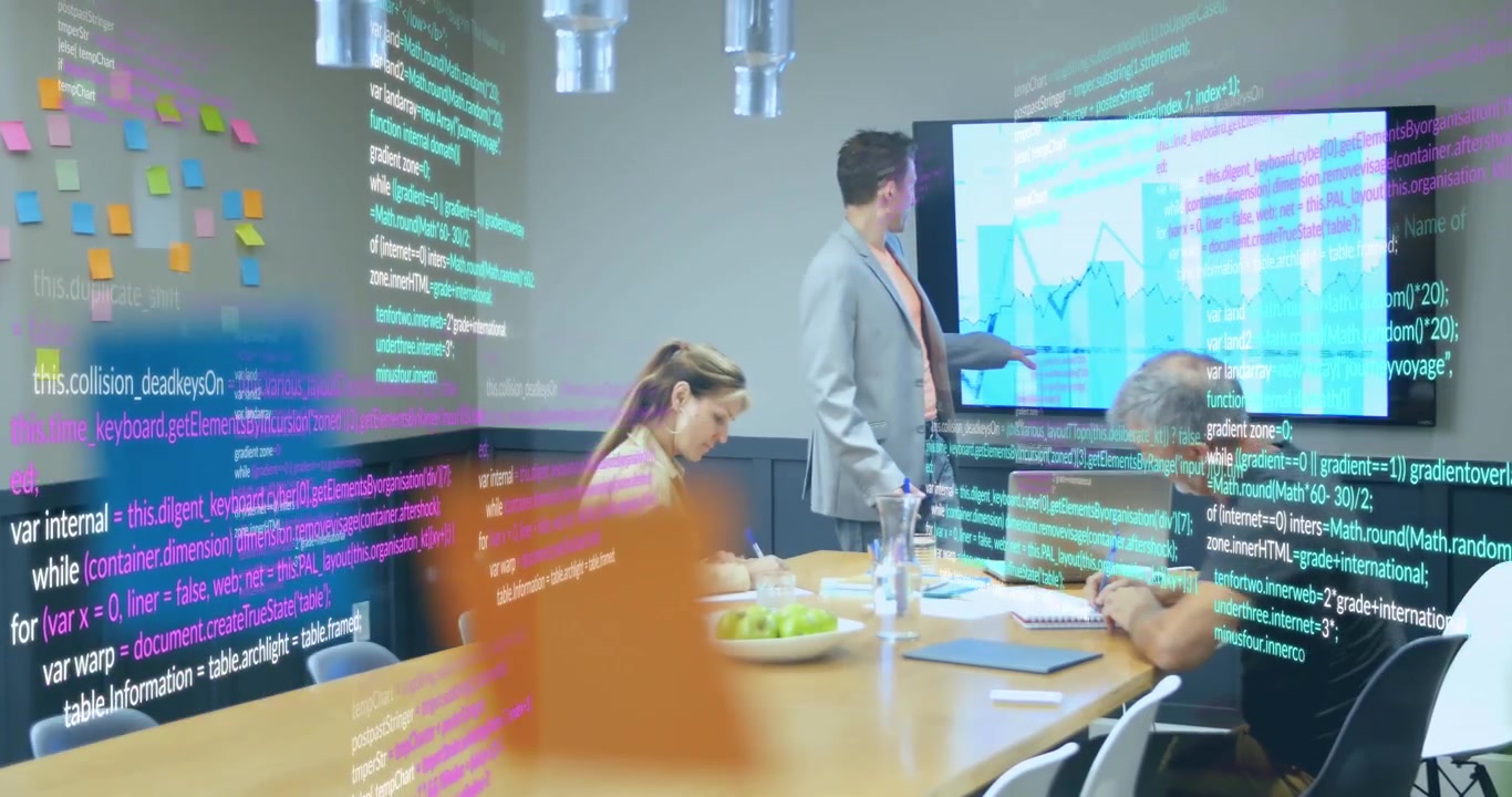 Animation of data processing over diverse business people in office