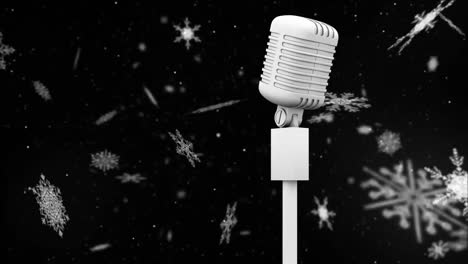 Animation-of-snow-falling-over-microphone-on-dark-background