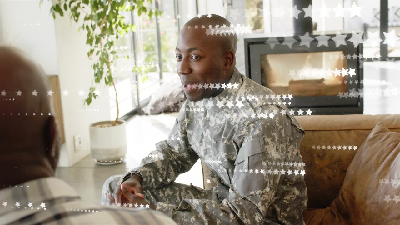 Soldier starting chat on couch, leaning, speaking, sharing story, white stars drifting across faces