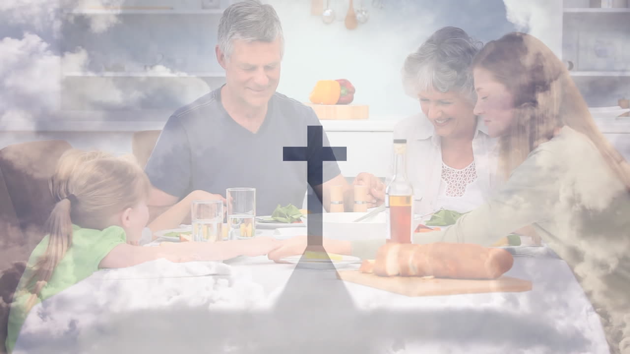 기도 하는 백인 가족 위 에 그늘 을 던지는 그리스도인 십자가 의 애니메이션