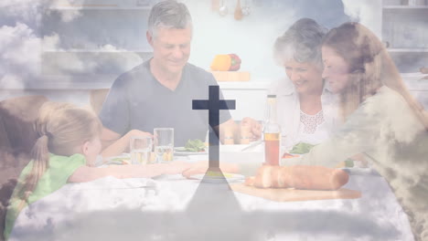 animation of a christian cross casting shadow over a caucasian family praying