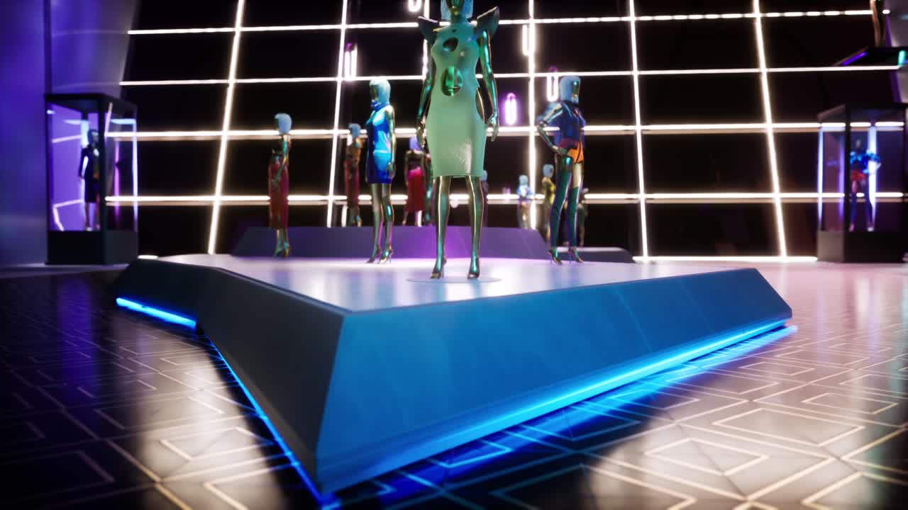 현대적인 옷을 입은 패션 인형의 3차원 애니메이션이 번쩍이는 불빛과 함께 무대에 서 있다