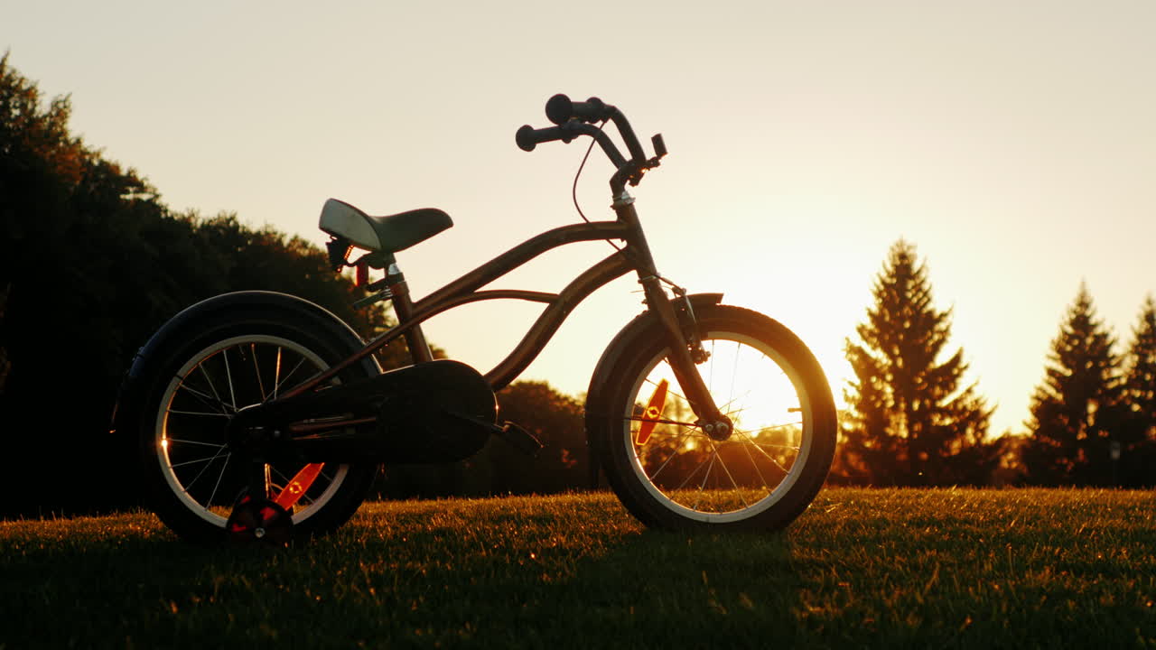 석양 개념의 배경에 녹색 잔디밭에 서있는 어린이 자전거 - 어린이