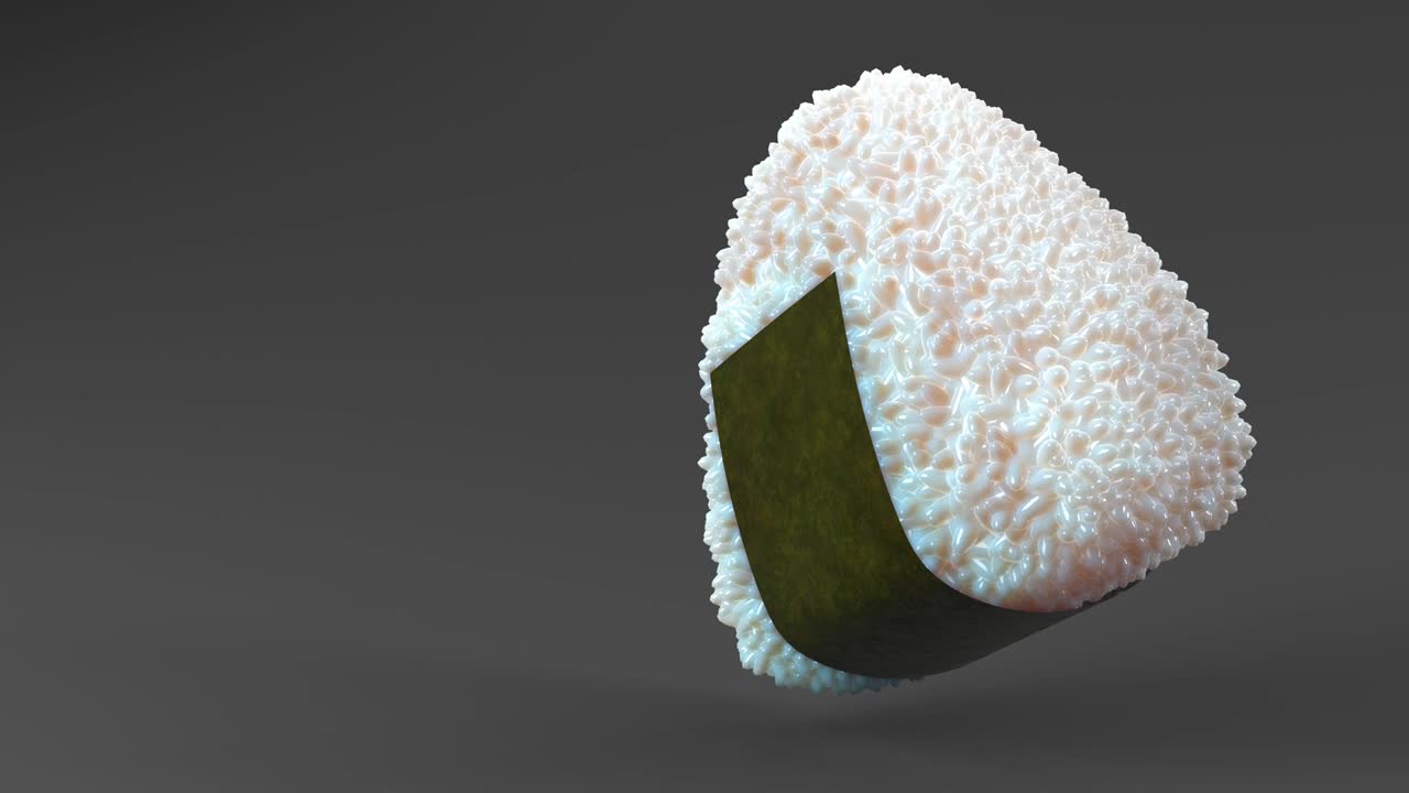 Onigiri rice ball wrapped in Nori seaweed on black text space. Loop able 3D animation.