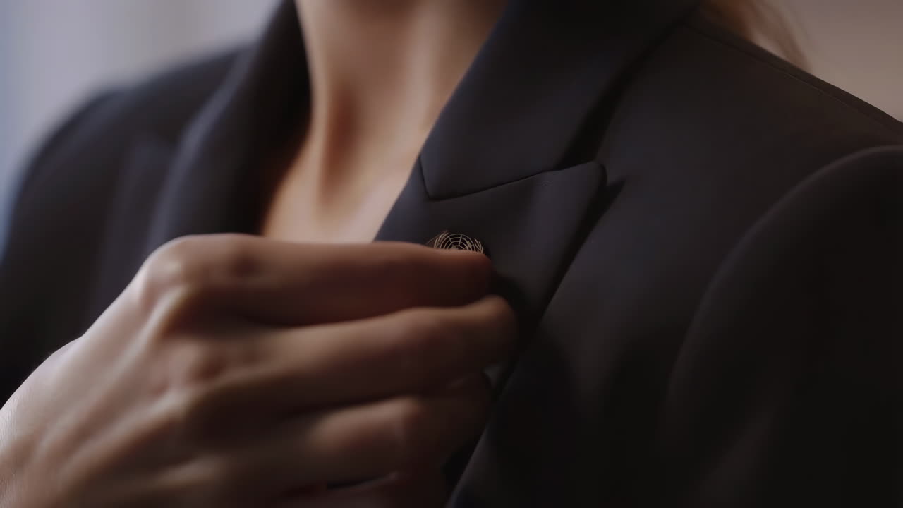 Close-up of a hand fastening a pin on a blazer lapel