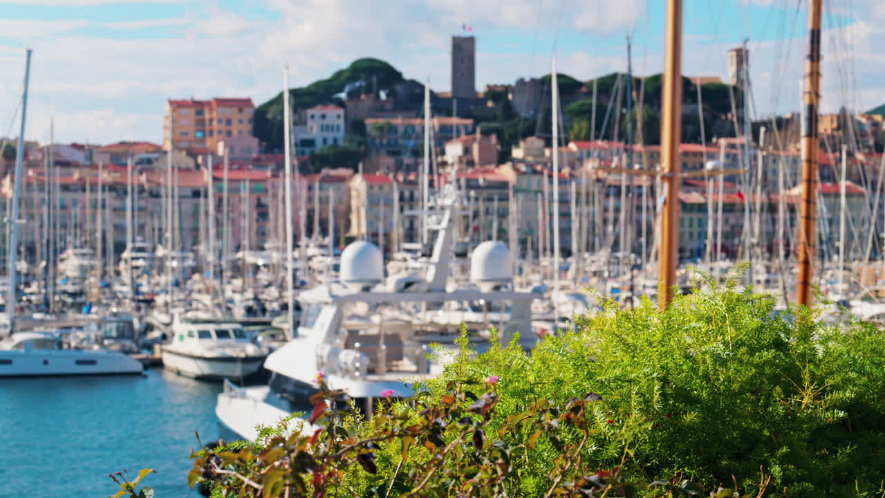 Blurred view of boats docked in the Pierre Canto Port in Cannes, France
