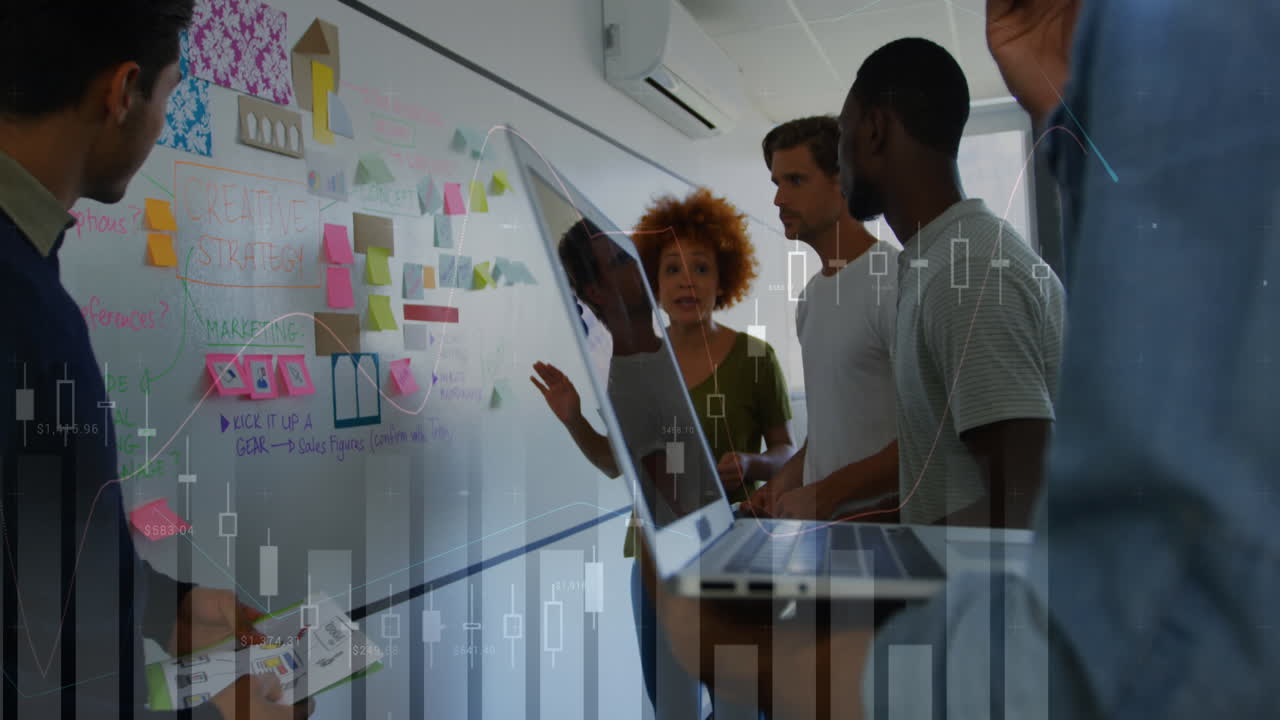 Animation of data processing over diverse team of colleagues discussing over memo notes at office