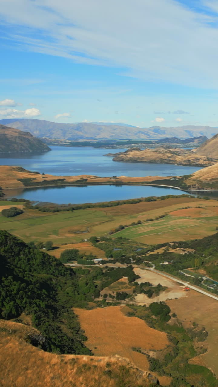 Aerial view of the Lake Wānaka from the end of the Lake Wānaka lookout track - vertical aerial approach