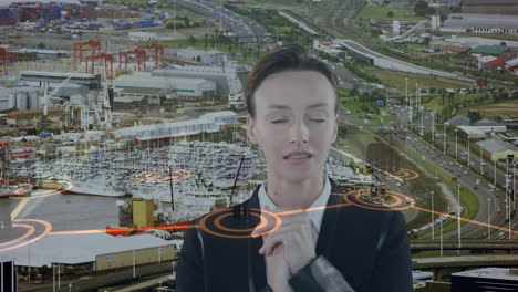 animación de empresarias caucásicas y red de conexiones sobre el paisaje urbano