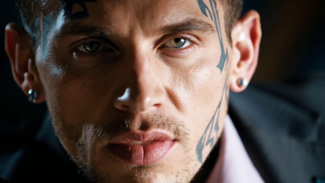 Un uomo tatuato fissa intensamente la fotocamera. L'elegante abito contrasta con l'inchiostro visibile su collo e viso. Orecchie adornate con piccoli, eleganti orecchini.