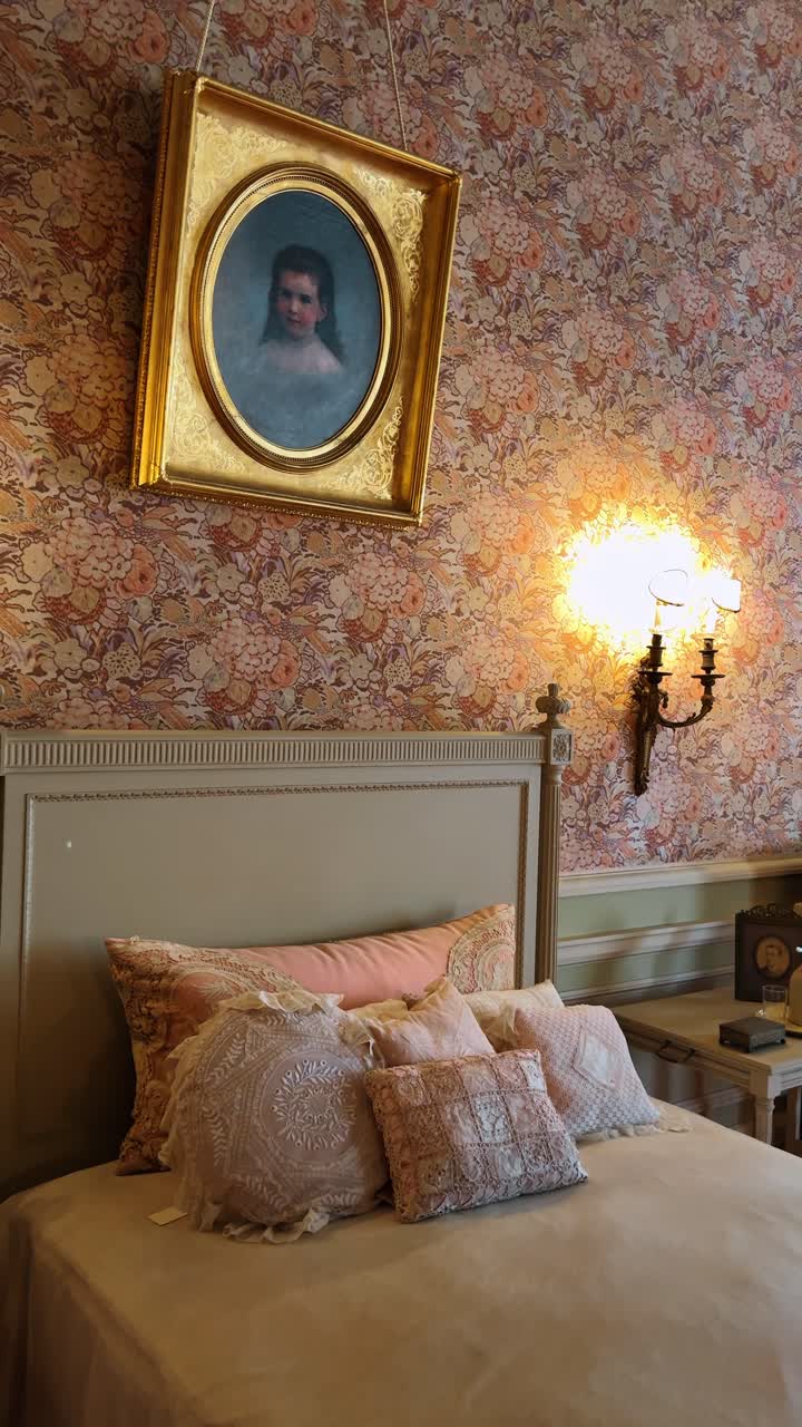 Boston, USA, 5 May 2025: Elegant historic bedroom with floral wallpaper and child portrait. Antique bedroom interior featuring patterned wallpaper, a gold-framed portrait, and decorative pillows