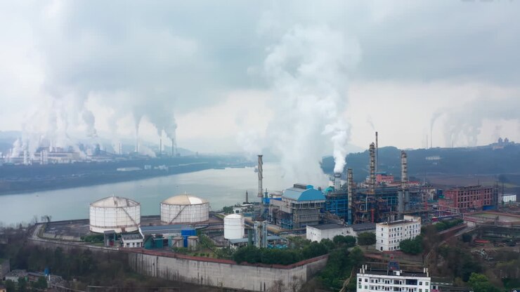 Industrial Factory Smoke stack. Petrochemical plant, Oil and gas refinery. Technological unit for air purification from pollution and environmental protection at an oil and gas enterprise.