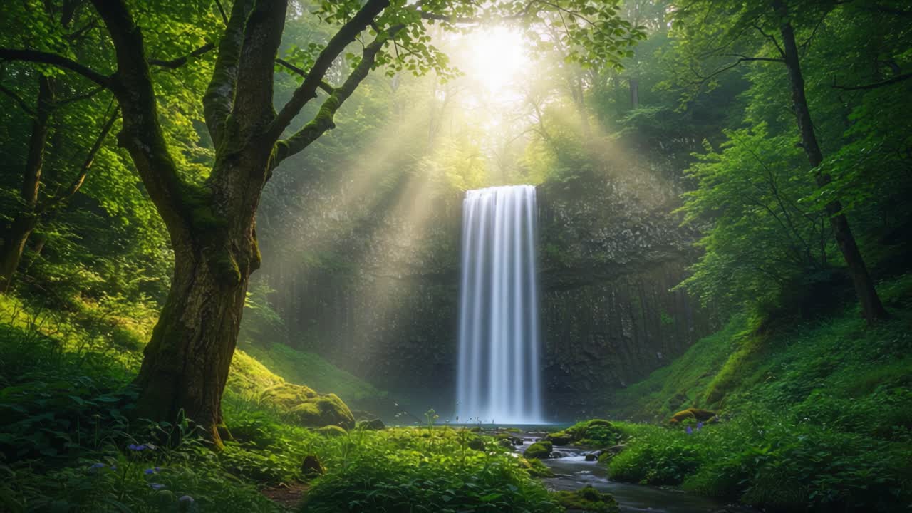 Et roligt vandfald, der løber gennem frodigt grønt, badet i blødt sollys, og skaber en magisk atmosfære i en fredfyldt skov