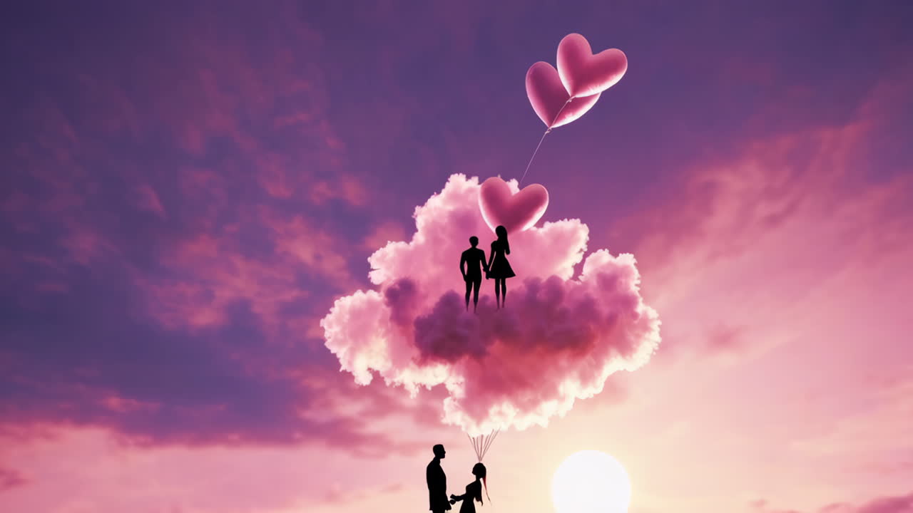 Romantic Couple Silhouettes on Cloud with Heart Balloons at Sunset