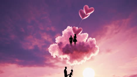 romantic couple silhouettes on cloud with heart balloons at sunset