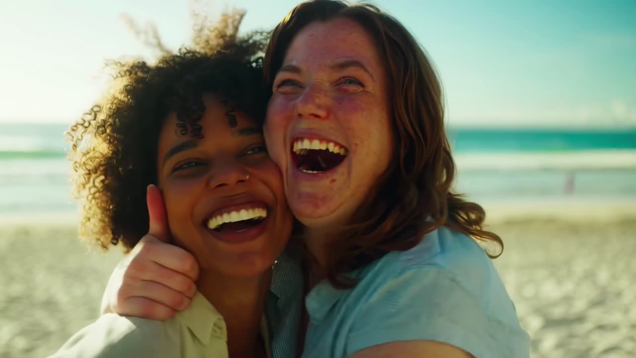 Joyful beach moment captured in a close-up video, highlighting laughter and friendship