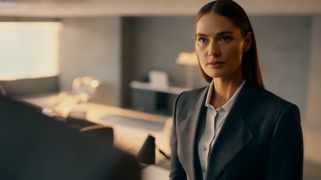 A confident businesswoman in a suit in an office setting