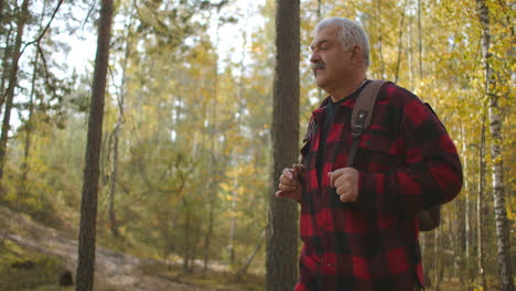 turista masculino con mochila está caminando solo en el bosque soleado de otoño mirando a su alrededor y admirando la hermosa naturaleza