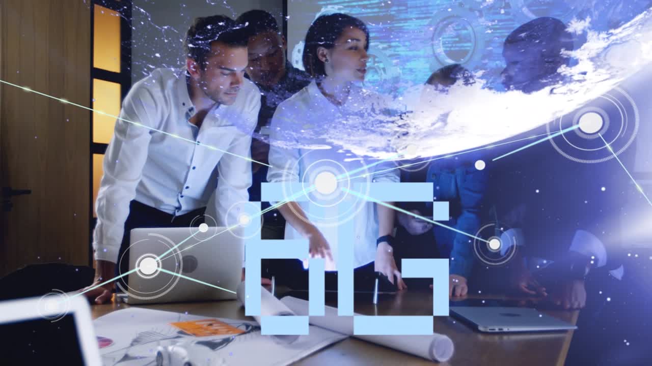 Dots connecting with lines and globe over multiracial coworkers discussing in meeting room