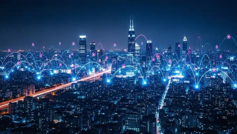 a captivating nighttime skyline filled with vibrant digital connections, showcasing the modern blend of technology and urban landscape