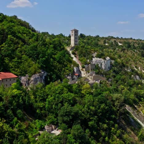 historical architecture located on hills. panoramic view of buildings in the mountains with green areas in summer. aerial view.