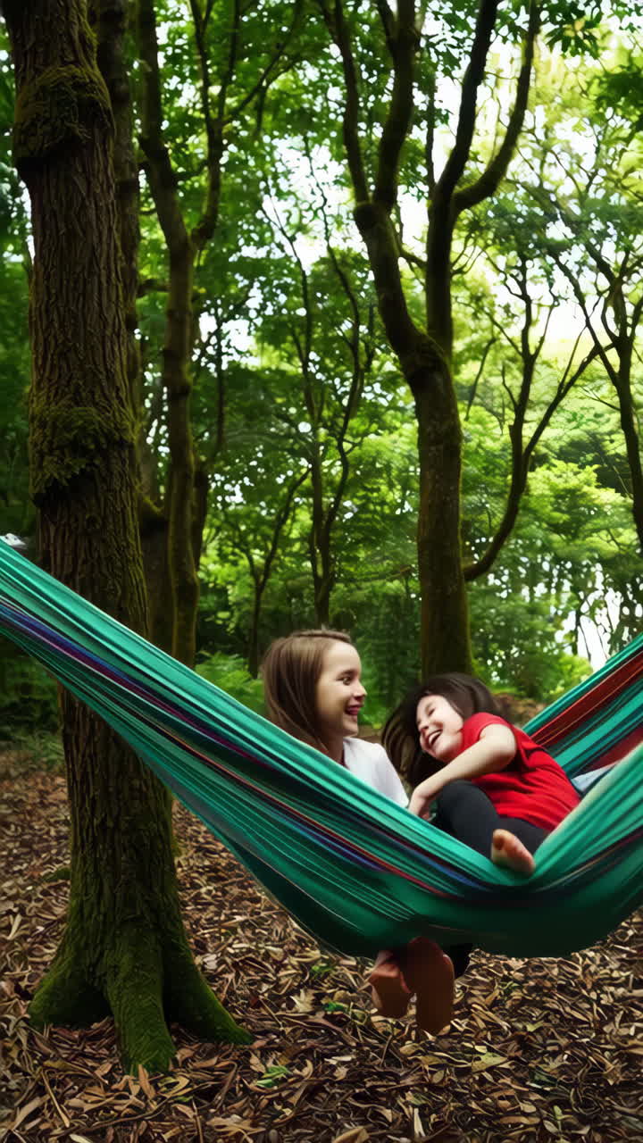 Two girls playing and relaxing in a hammock in a forest