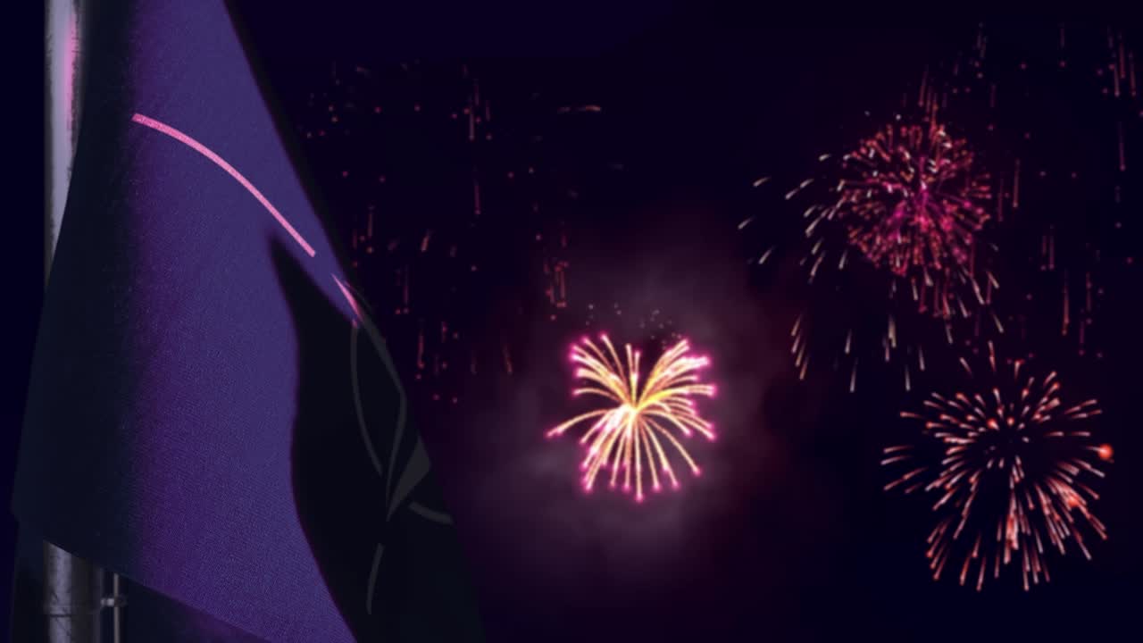 la bandera de la otan colgando en los fuegos artificiales del cielo bokeh bg