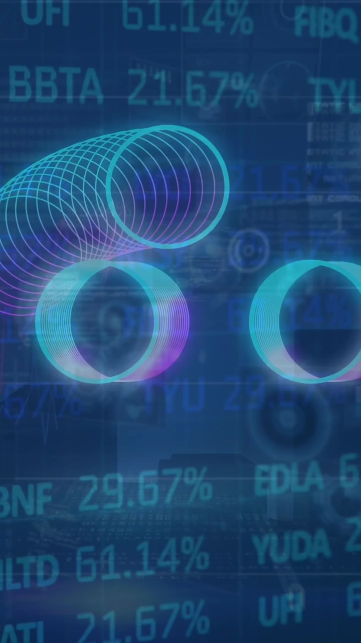 Animation of neon circles over digital screen with financial data and graphs