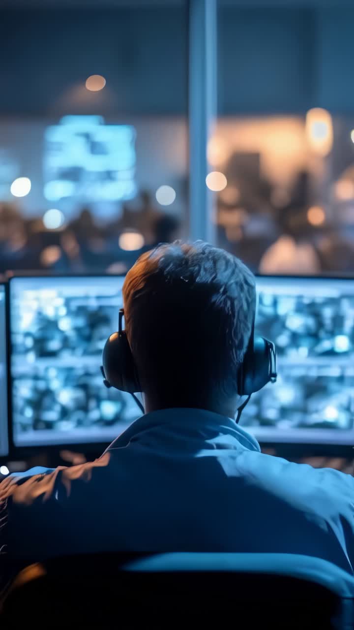 A man is sitting in front of a computer monitor with a headset on, security concept.