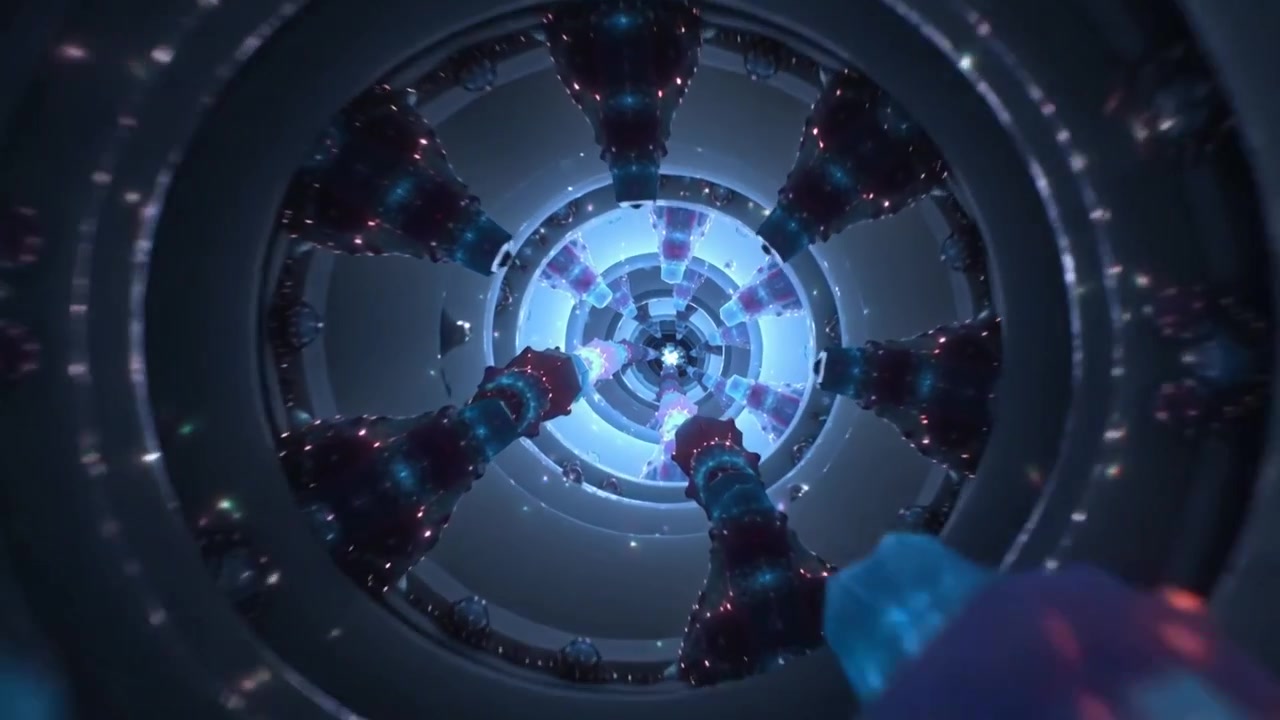 La telecamera avanza rivelando una camera ad anelli con pilastri e particelle ciano o magenta, avvicinandosi al nucleo.