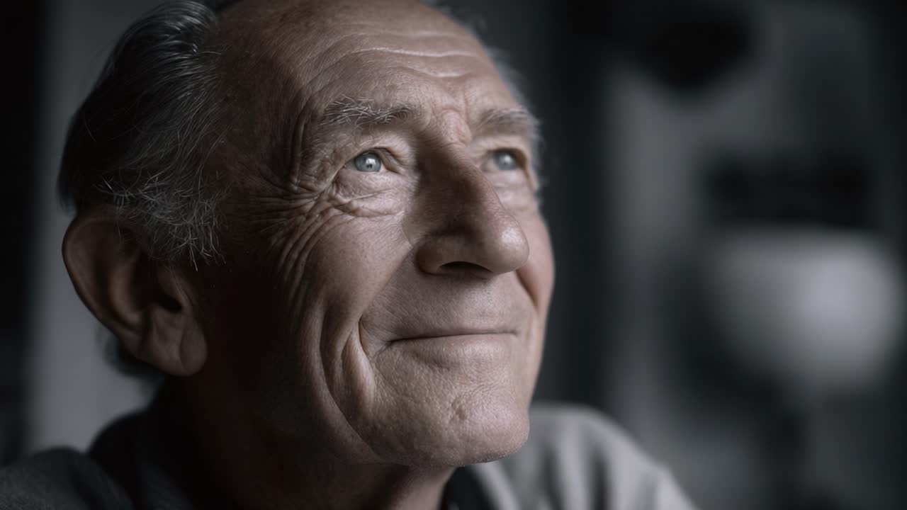 Un momento di riflessione: un uomo anziano contempla la vita, catturando la profondità dell'esperienza e della saggezza in uno sguardo pensieroso pieno di speranza e serenità