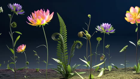vibrant alien flowers and plants on a dark, otherworldly landscape