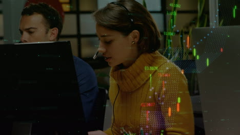 animation of financial data processing over diverse business people with headsets