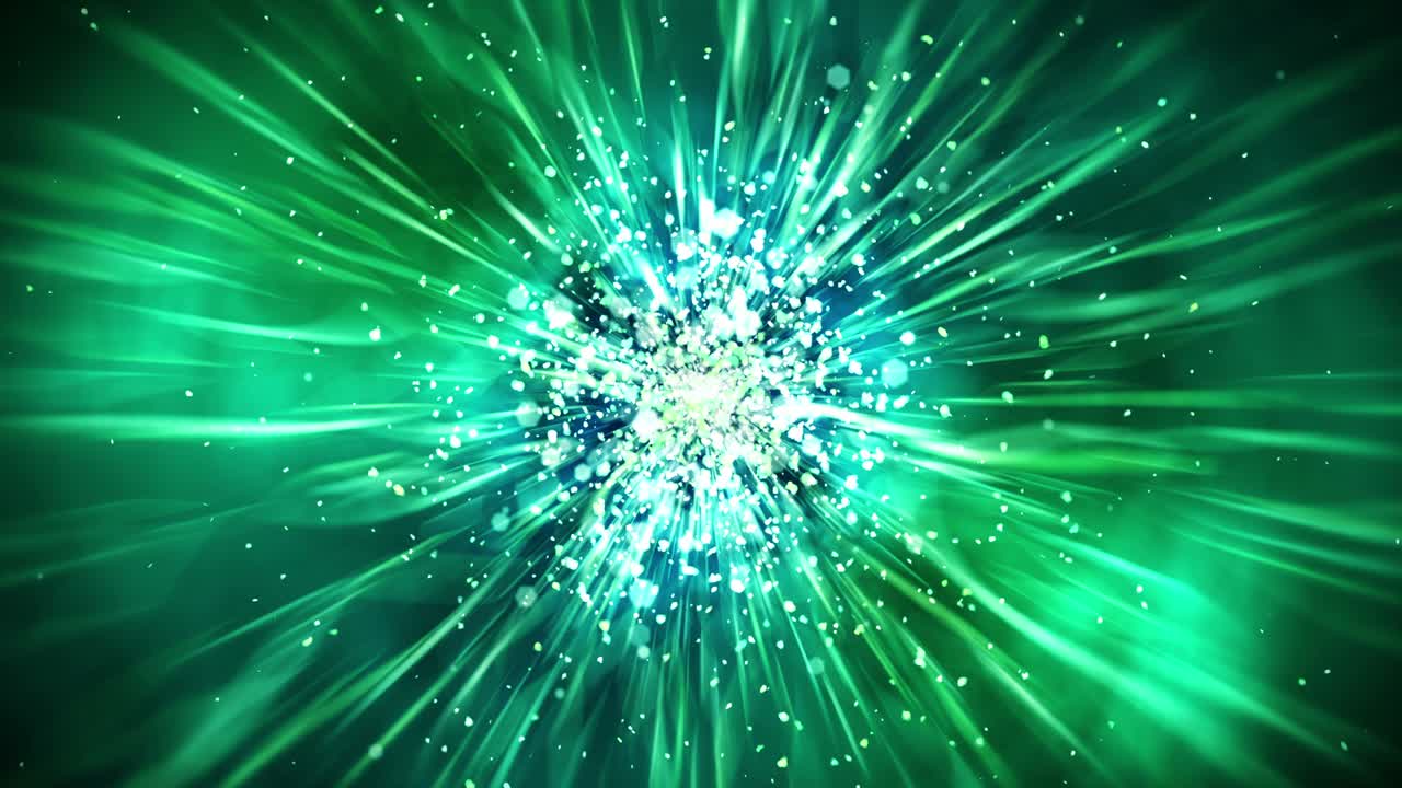 박이는 입자와 함께 럭셔리 반이는 조명. 반이는 빈티지 루프 애니메이션. 원형. 육각형. 선형. 화면 장식 개념. 녹색과 파란색.