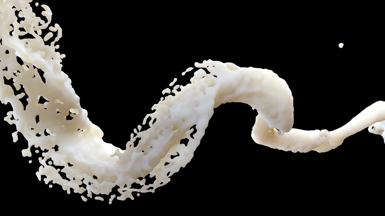 백색 액체 스플래시 느린 동작 애니메이션, 액체 방울이 회전하는 현실적인 3d 영상, 검은 바탕에 분리 된 우유 회전 흐름, 액체 소용돌이, 아크릴 페인트 방울, 동적 비디오
