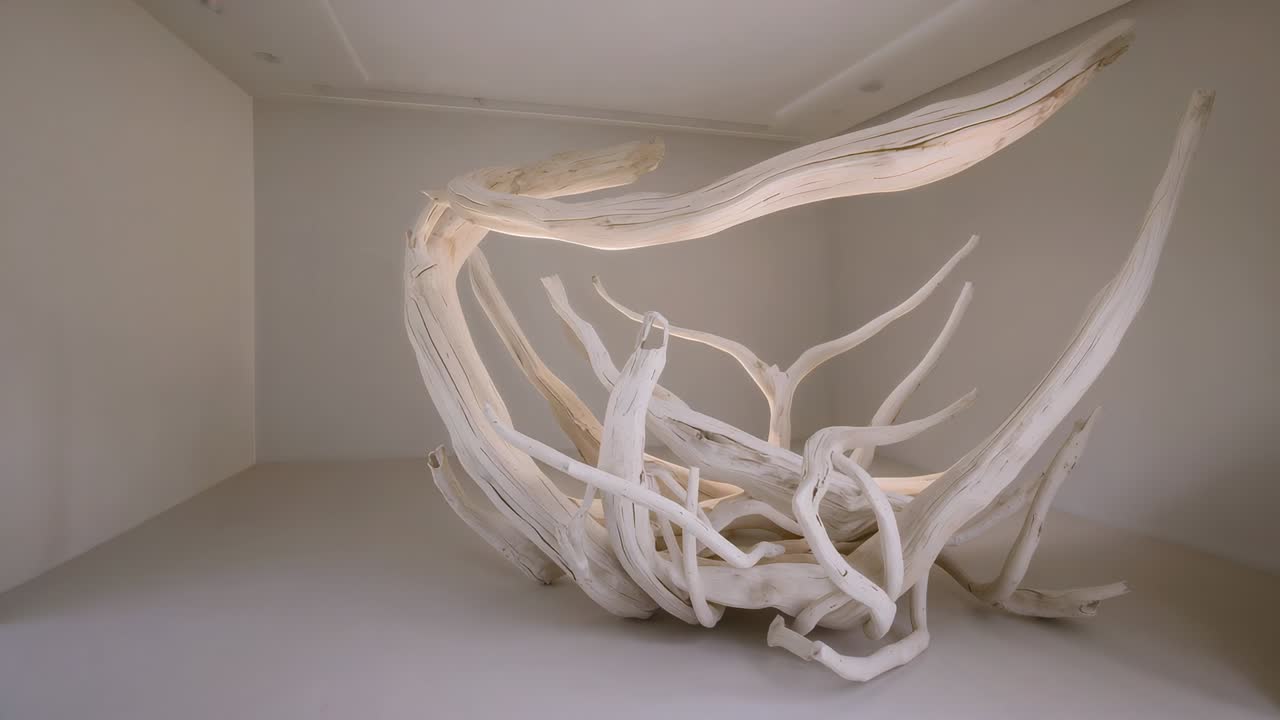 Panning camera revealing bleached wood sculpture on gallery floor, exposing sweeping arc and base
