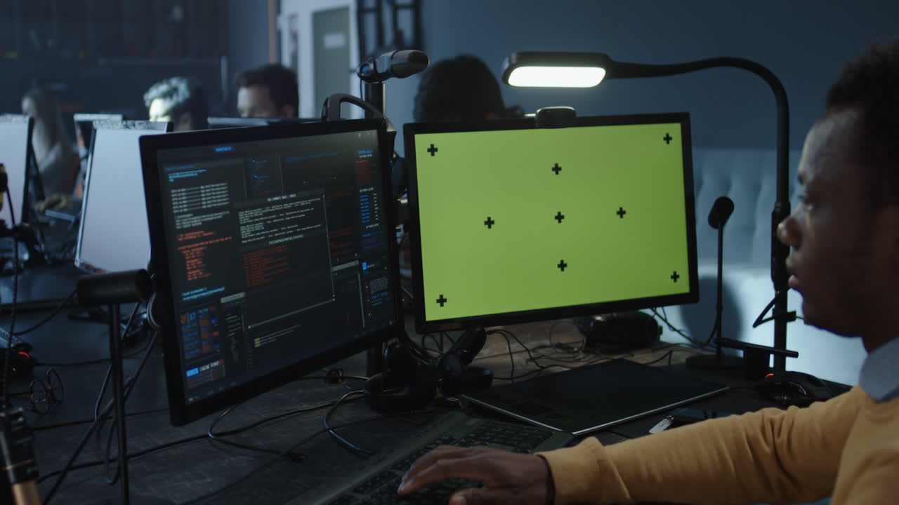 Team of programmers working on code in a modern office