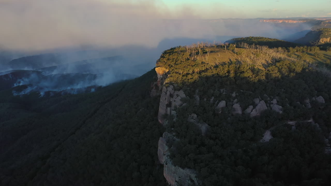 humo que se eleva desde el paisaje forestal durante los incendios forestales, antena delantera