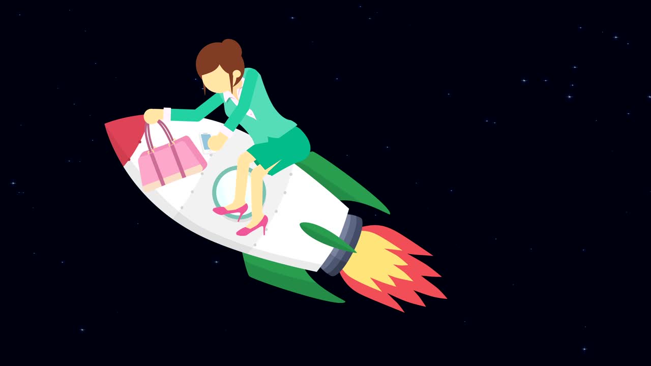 Business woman flying on rocket through the space. Leap concept. Loop illustration in flat style.