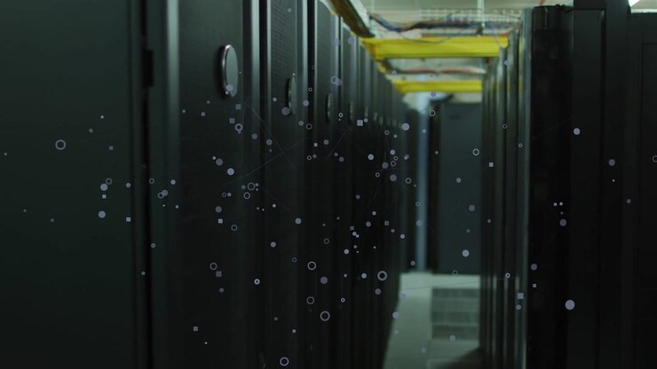 Camera pushing forward through datacenter aisle, floating particles drifting right showing depth