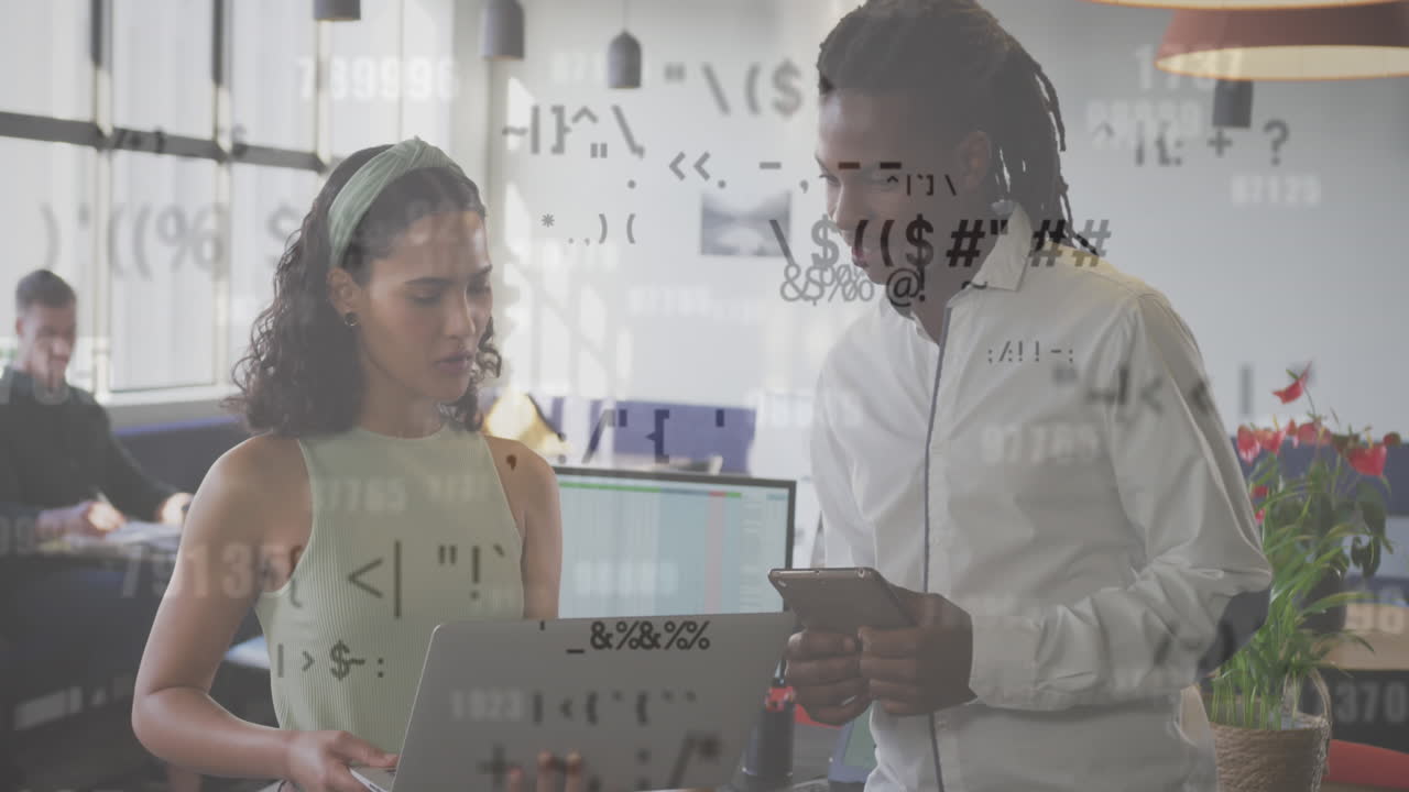 Animation of data processing over diverse business people working at office