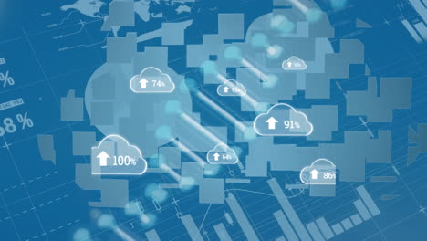animación de nubes con números y cadenas de adn sobre datos en fondo azul